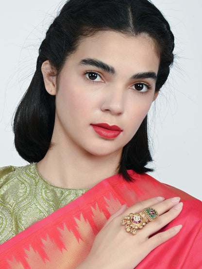 Rajwada Gold And Blue Alloy Embellished Ring For Women
