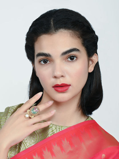 Rajwada Gold And Blue Alloy Embellished Ring For Women