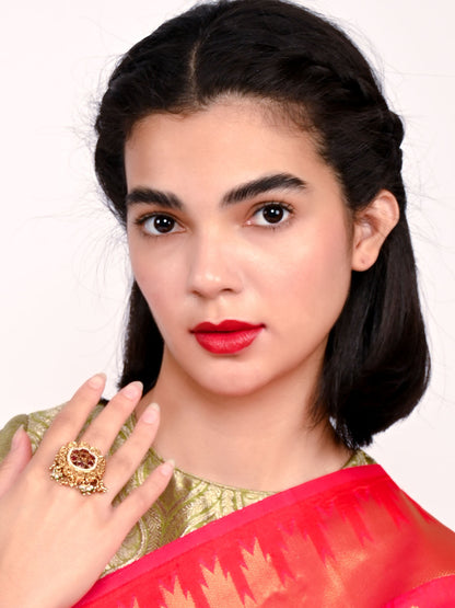 Rajwada Gold And Pink Alloy Embellished Ring For Women