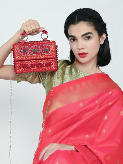Rajwada Red Suede Embellished Clutch For Women