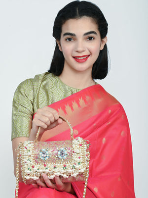 Odette Beige Suede Embellished Clutch For Women