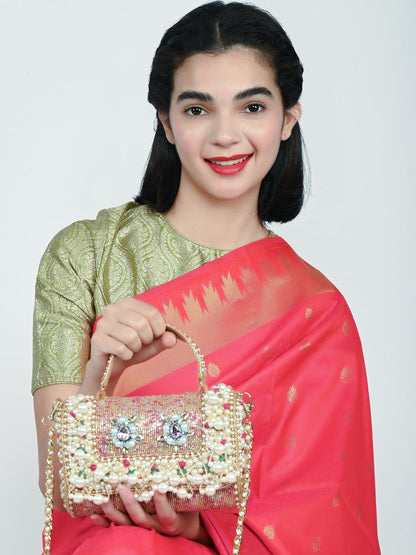 Rajwada Beige Suede Embellished Clutch For Women