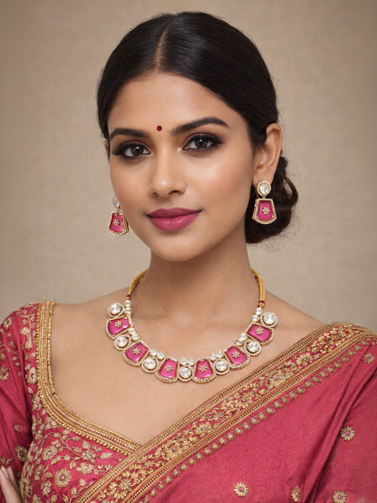 Rajwada Pink And White Alloy Stone Jewellery Set For Women