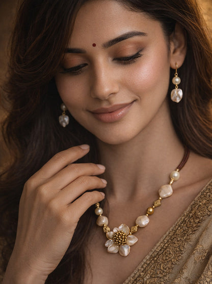 Rajwada Brown And White Thread Pearl Jewellery Set For Women