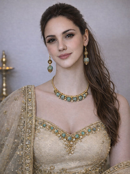 Rajwada Golden And Teal Blue PU Embellished Jewellery Set For Women