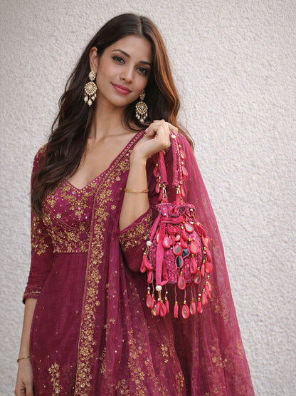 Rajwada Dark Pink Suede Cutdana And Mirror Embellished Potli For Women