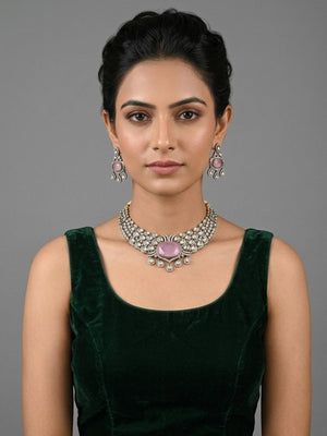 Rajwada Pink And White Alloy Stone Jewellery Set For Women