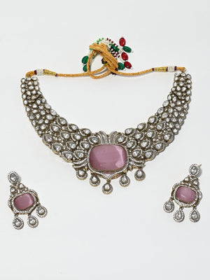 Rajwada Pink And White Alloy Stone Jewellery Set For Women