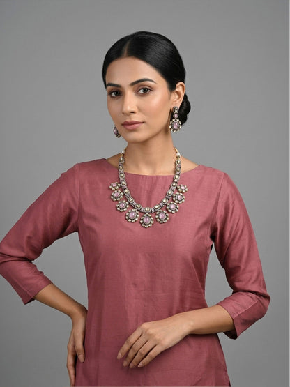 Rajwada Pink And White Alloy Stone Jewellery Set For Women