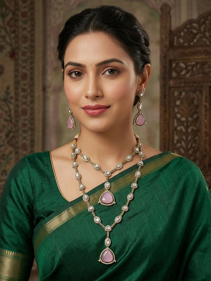 Rajwada Golden And Light Pink Kundan And Stone Jewellery Set For Women
