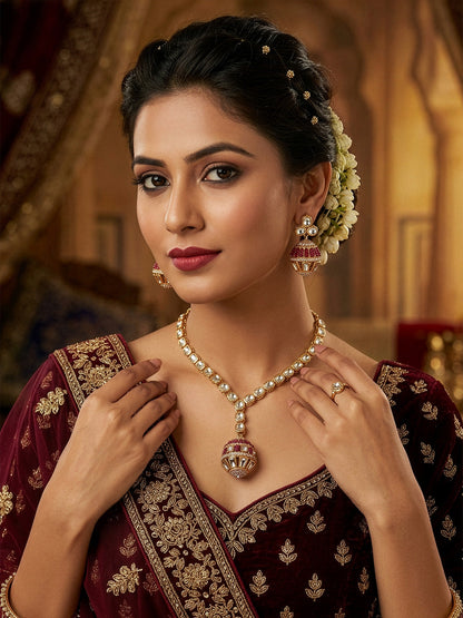 Rajwada Golden And Red Alloy Kundan And Stone Jewellery Set For Women