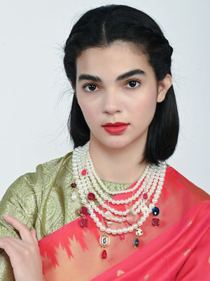 Rajwada White Alloy Beaded Pearl Embellished Neckpiece For Women