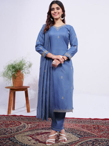 Rajwada Dusty Blue Rayon Embroidered Kurta Set For Women