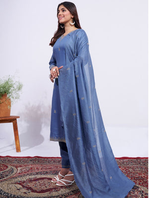Rajwada Dusty Blue Rayon Embroidered Kurta Set For Women