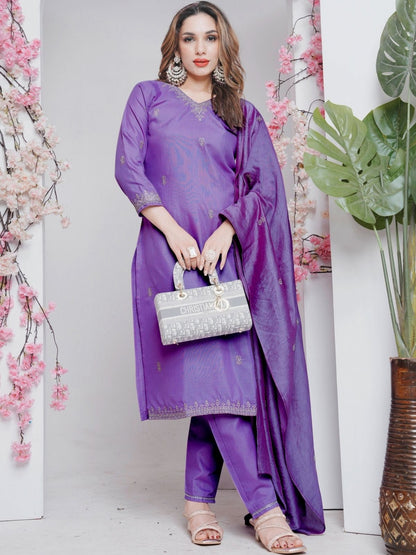 Rajwada Dark Lavender Rayon Embroidered Kurta Set For Women