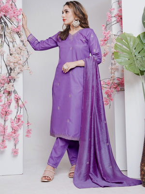 Rajwada Dark Lavender Rayon Embroidered Kurta Set For Women