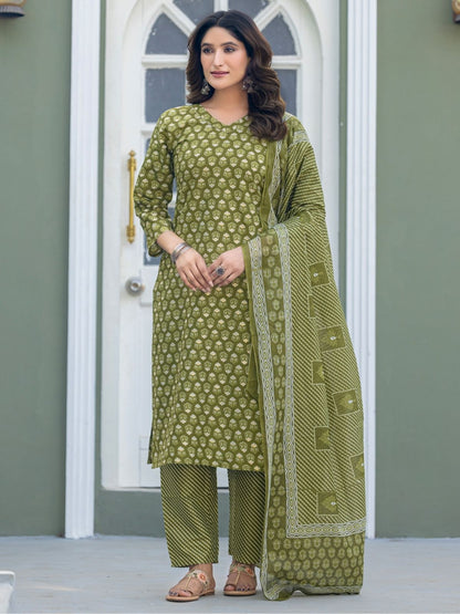 Rajwada Olive Green Cotton Blend Printed Kurta Set For Women