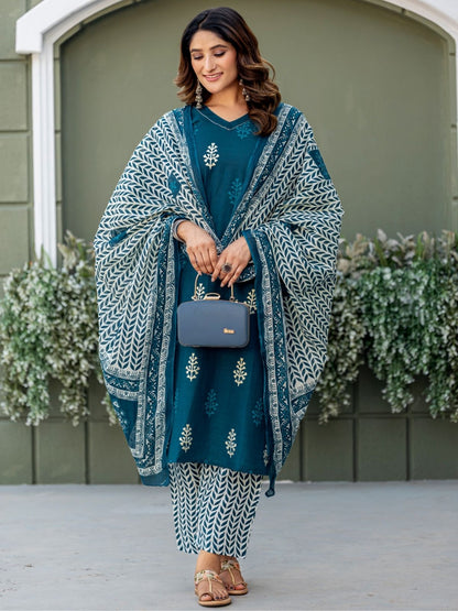 Rajwada Deep Teal Cotton Blend Printed Kurta Set For Women