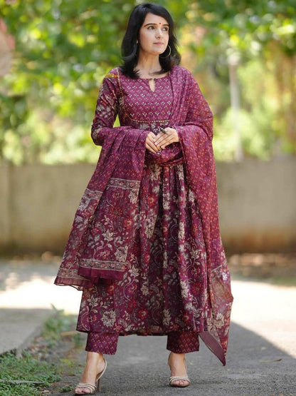 Rajwada Dark Purple Rayon Printed Kurta Set For Women