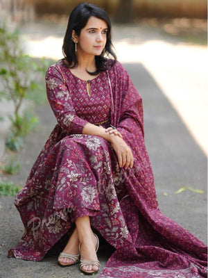 Rajwada Dark Purple Rayon Printed Kurta Set For Women