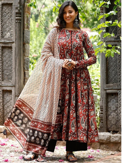 Rajwada Maroon Rayon Printed Kurta Set For Women