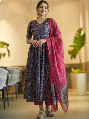 Rajwada Navy Blue Rayon Printed Kurta Set For Women