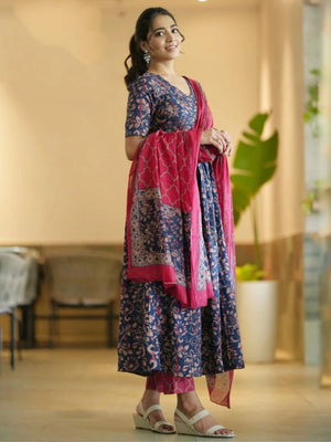 Rajwada Navy Blue Rayon Printed Kurta Set For Women