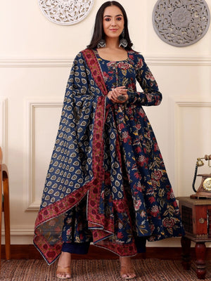 Rajwada Navy Blue Rayon Printed Kurta Set For Women