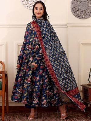 Rajwada Navy Blue Rayon Printed Kurta Set For Women