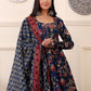 Rajwada Navy Blue Rayon Printed Kurta Set For Women