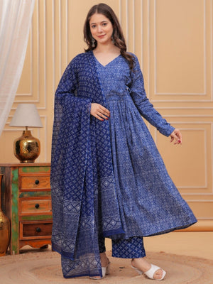 Rajwada Royal Blue Rayon Printed Kurta Set For Women