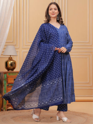 Rajwada Royal Blue Rayon Printed Kurta Set For Women