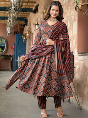 Rajwada Rust Brown Rayon Printed Kurta Set For Women