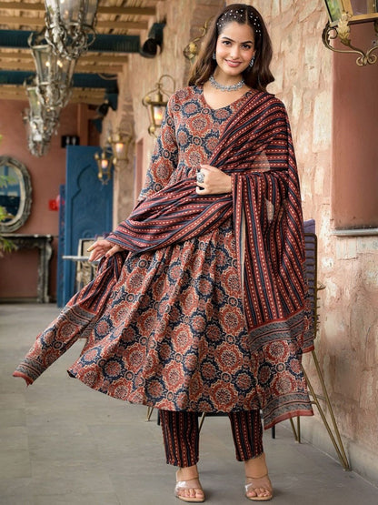 Rajwada Rust Brown Rayon Printed Kurta Set For Women