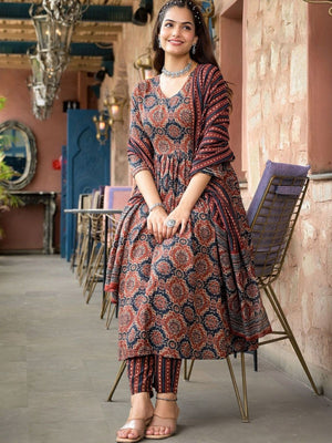 Rajwada Rust Brown Rayon Printed Kurta Set For Women