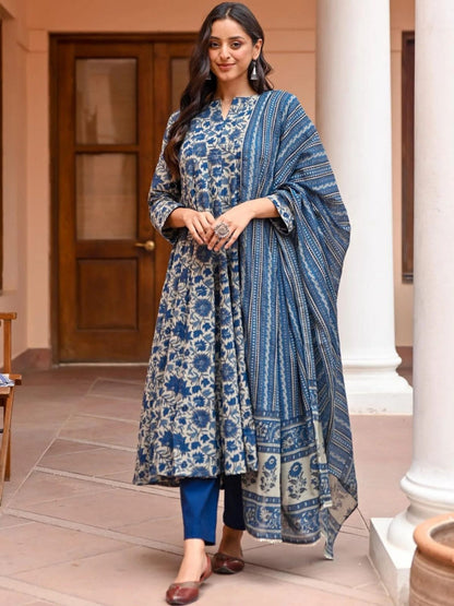 Rajwada Navy Blue Rayon Printed Kurta Set For Women