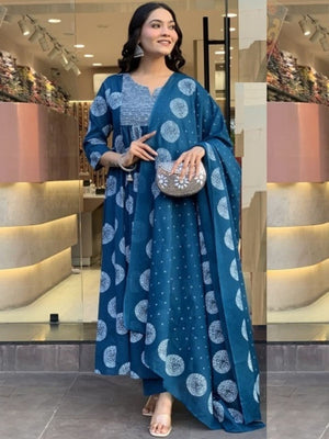 Rajwada Teal Blue Rayon Printed Kurta Set For Women