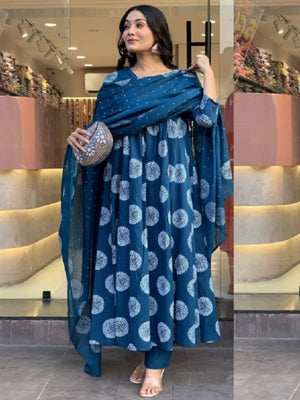 Rajwada Teal Blue Rayon Printed Kurta Set For Women