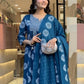 Rajwada Teal Blue Rayon Printed Kurta Set For Women