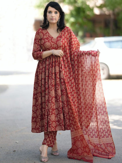 Rajwada Red Rayon Printed Kurta Set For Women