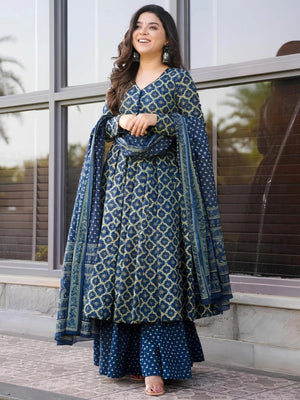 Rajwada Navy Blue Rayon Printed Kurta Set For Women