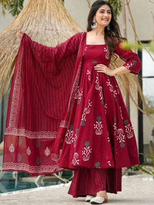 Rajwada Dark Maroon Rayon Printed Kurta Set For Women