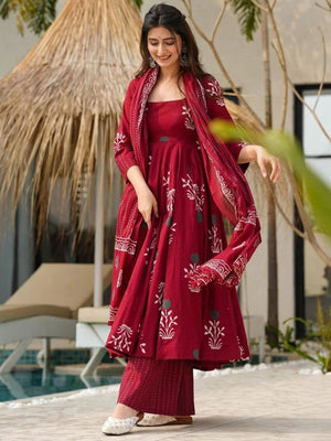 Rajwada Dark Maroon Rayon Printed Kurta Set For Women