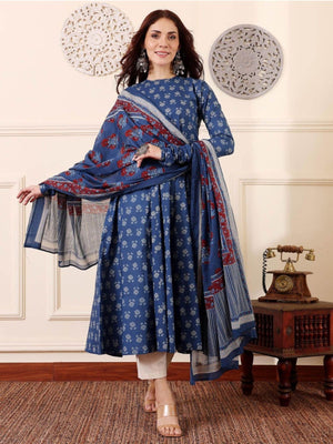 Rajwada Dusty Blue Rayon Printed Kurta Set For Women