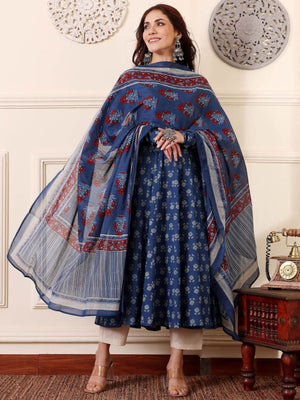 Rajwada Dusty Blue Rayon Printed Kurta Set For Women
