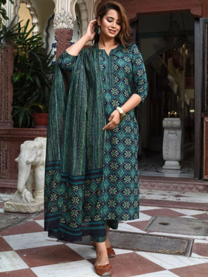 Rajwada Teal Green Rayon Printed Kurta Set For Women