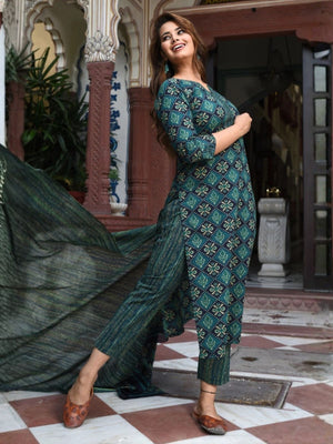 Rajwada Teal Green Rayon Printed Kurta Set For Women