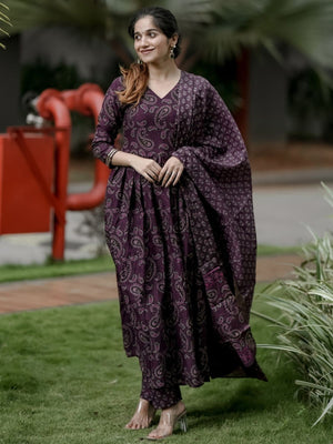 Rajwada Dark Purple Rayon Printed Kurta Set For Women