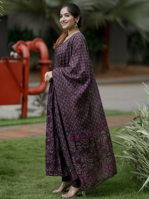 Rajwada Dark Purple Rayon Printed Kurta Set For Women