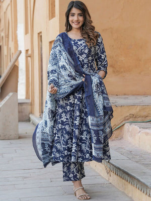 Rajwada Navy Blue Rayon Printed Kurta Set For Women
